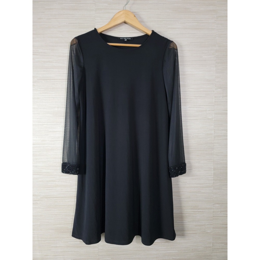 Nik And Nash Women's Black Sheer Sleeve Shift Dress Beaded Cuffs Midi M